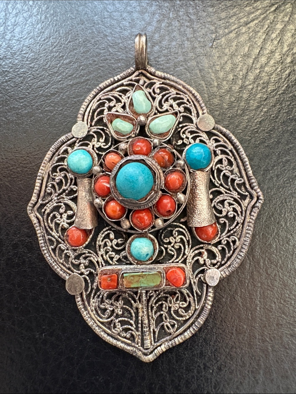 Intricate Tibetan Silver Colour Turquoise & Coral Filigree Pendant